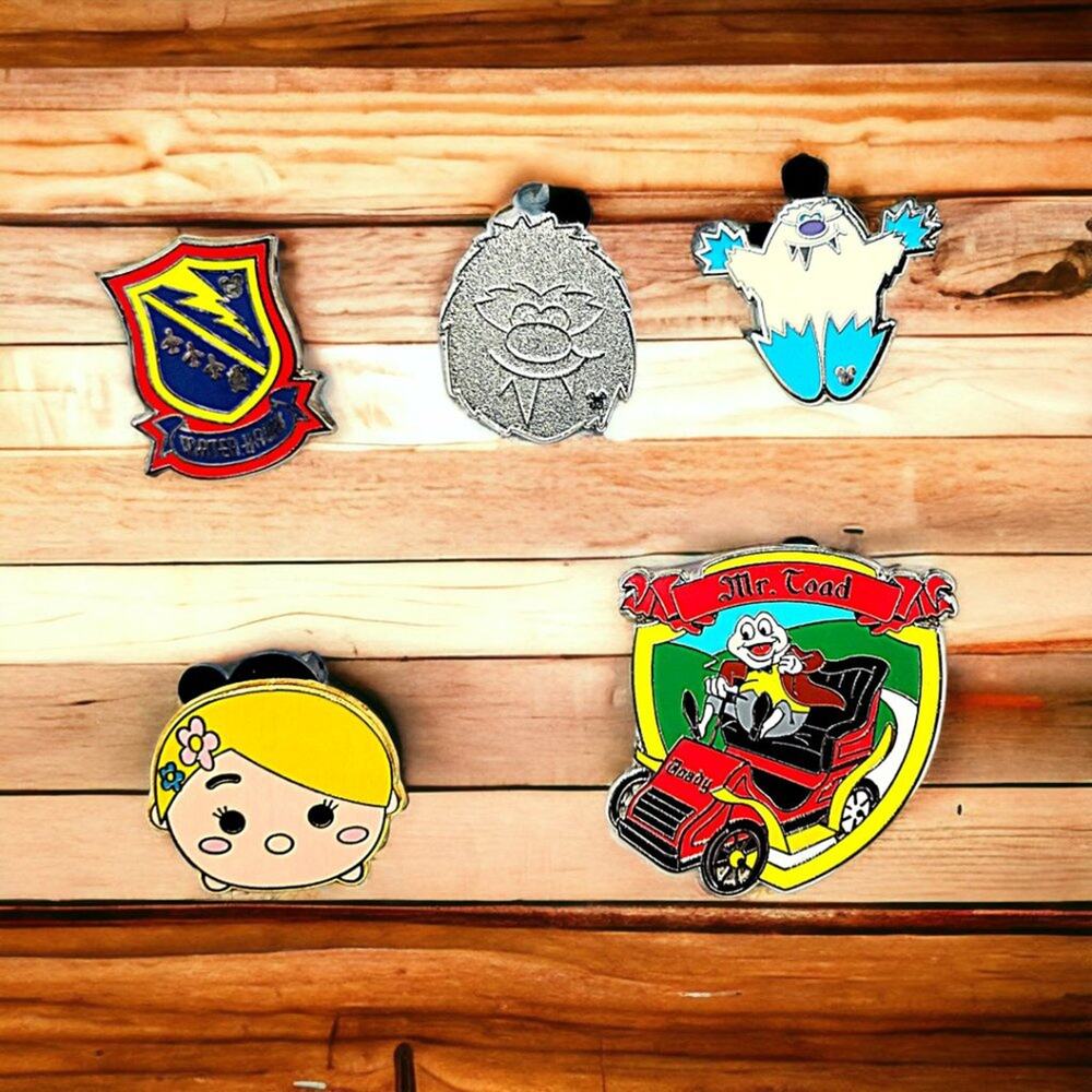 5 Disney Parks Trading Pins, Mr. Toad, Rapunzel, Yeti, Mater, Plus 2 Bonus Pins